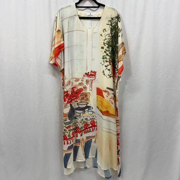 Dhara Sheth Dubai Printed Kaftan Midi Sheath V Neck Short Sleeve One Size - Picture 1 of 6